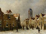 Dutch Canvas Paintings - Figures in the streets of a snow covered dutch town